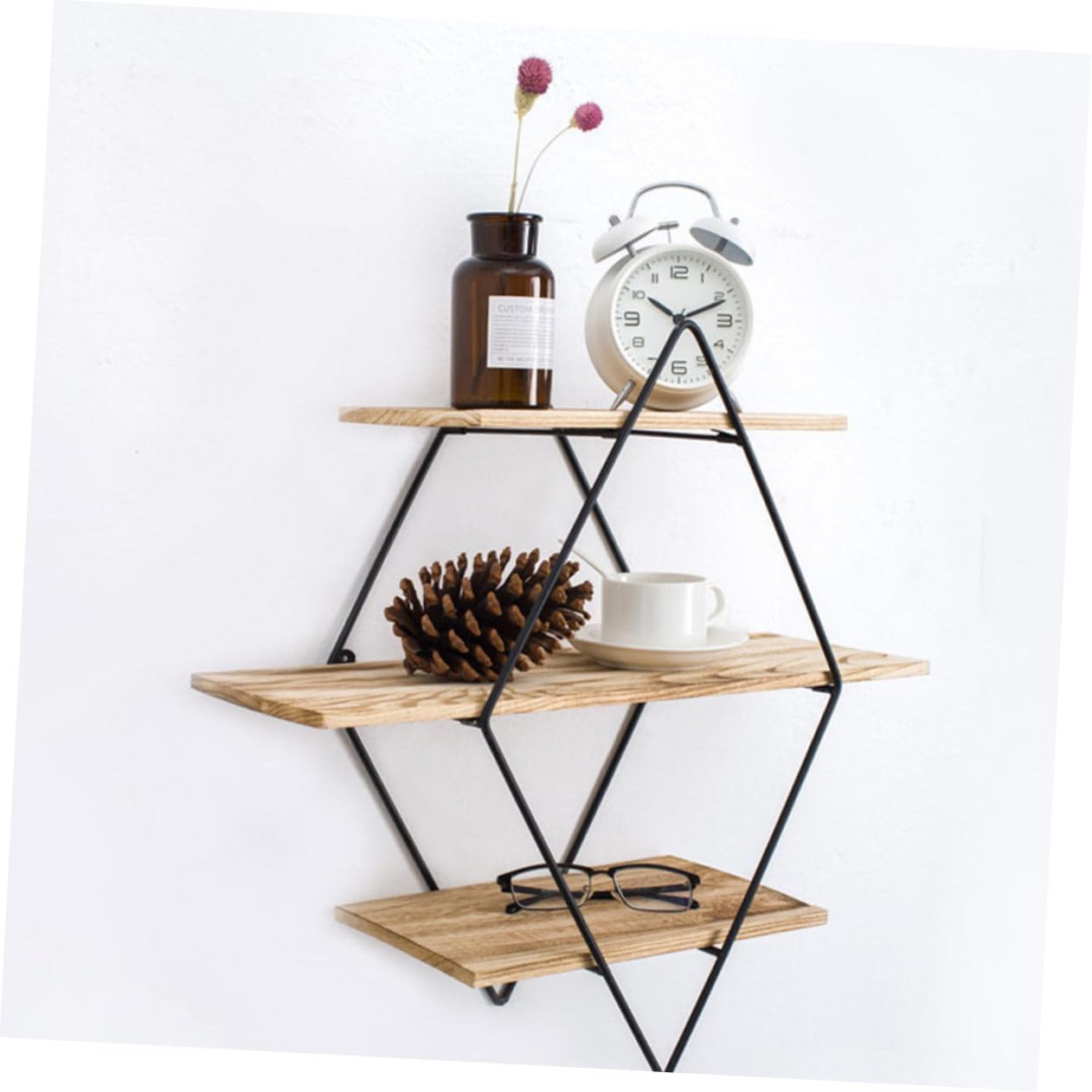 COLLBATH 1pc Three Tier Shelf Decorative Decoration Art Crafts Wall-Mounted Hanging Rack Iron Framework Rack Multi-Layer Wood Board Rack Home Decor Storage Rack