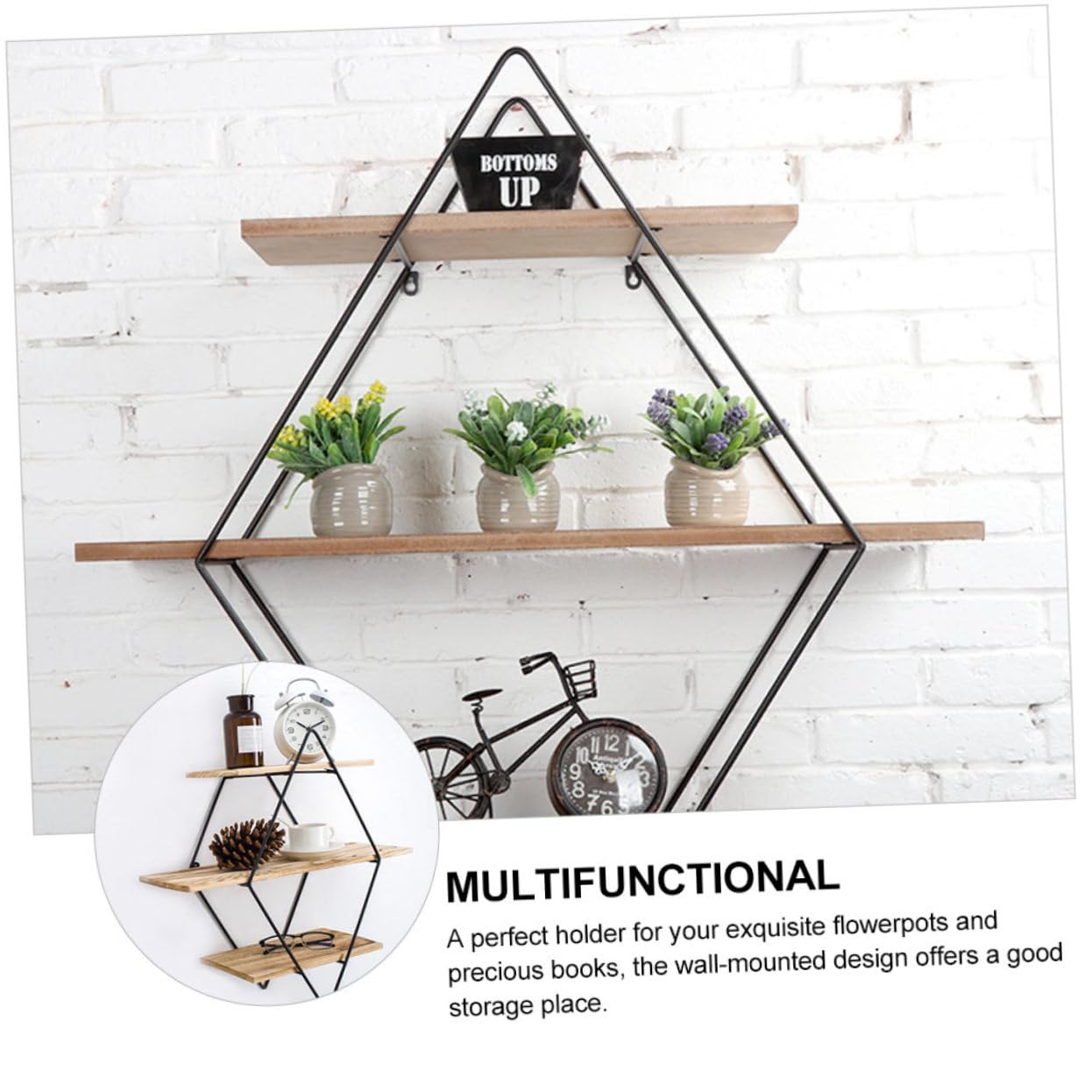 COLLBATH 1pc Three Tier Shelf Decorative Decoration Art Crafts Wall-Mounted Hanging Rack Iron Framework Rack Multi-Layer Wood Board Rack Home Decor Storage Rack