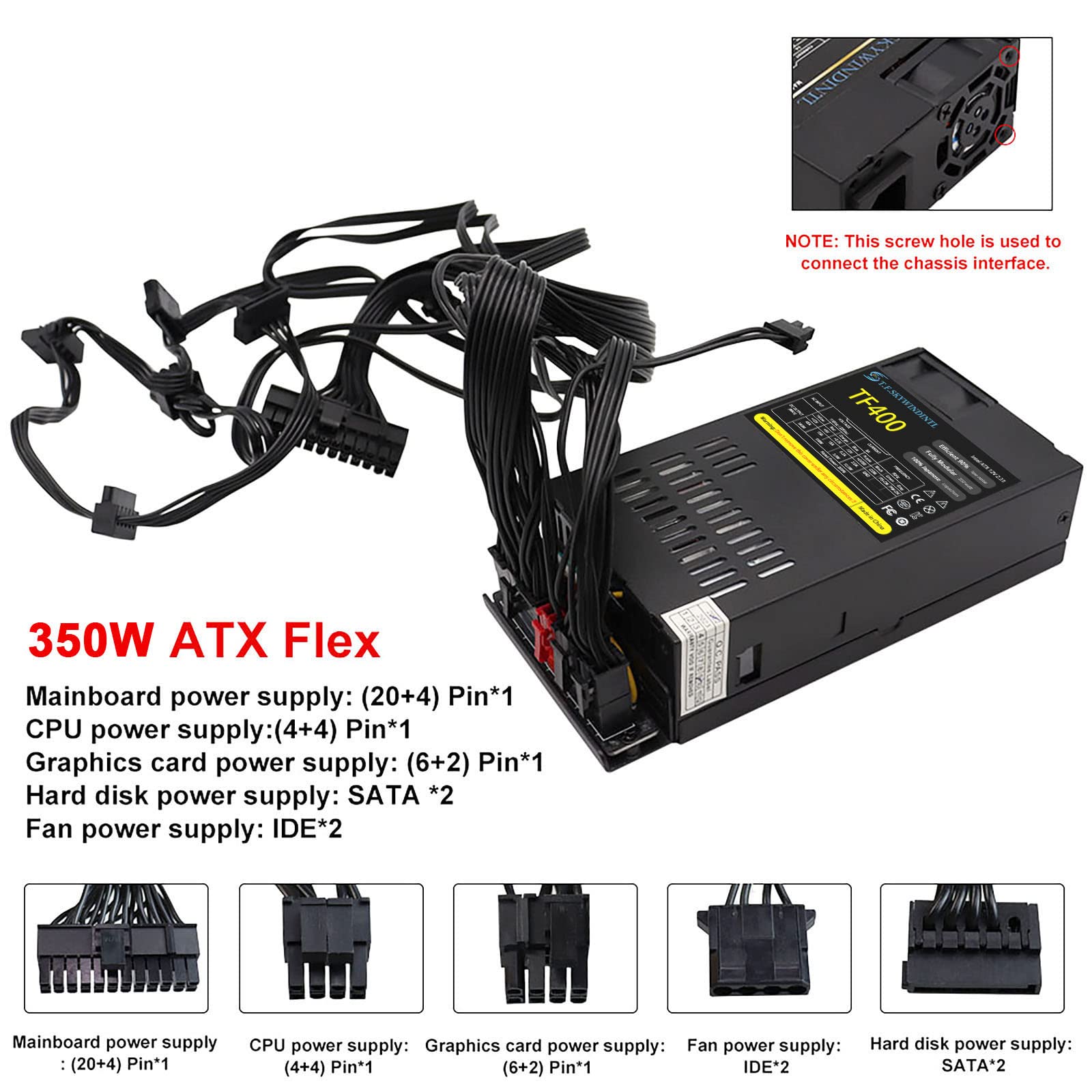 Flex ATX Power Supply 350W 1U Fully Modular PSU 90-264V AC with 1x20/24Pin Mainboard Power,2xSATA Ports, 2xIDE Fan Power for Rack Mount Case Desktop Server POS AIO System