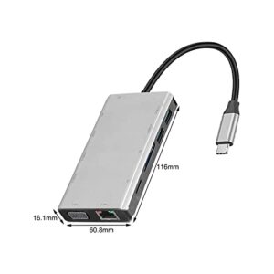 OCUhome 11-in-1 USB C Hub, High Speed Mini Docking Station, Universal Type-C Adapter Dongle with 4 USB Ports SD/TF Card Reader VGA Silver Gray