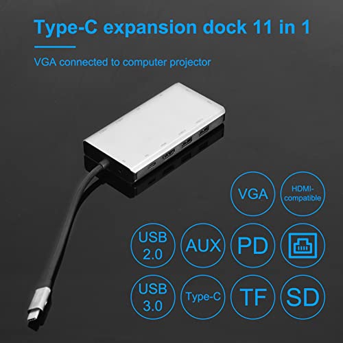 OCUhome 11-in-1 USB C Hub, High Speed Mini Docking Station, Universal Type-C Adapter Dongle with 4 USB Ports SD/TF Card Reader VGA Silver Gray