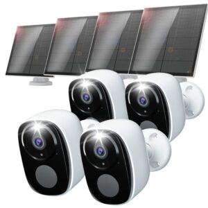 Rraycom 4pc Solar Security Cameras Wireless Outdoor, 2K Battery Powered Security Cameras, WiFi Security Cameras for Home Outside, Color Night Vision, AI Motion Detection, 2-Way Audio, IP65, SD/Cloud