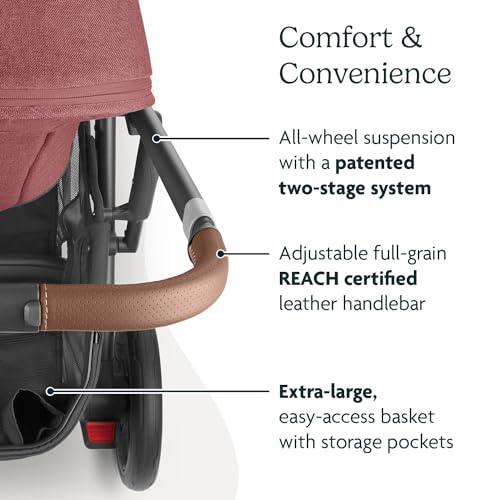 UPPAbaby Cruz V2 Stroller/Full-Featured Stroller with Travel System Capabilities/Toddler Seat, Bumper Bar, Bug Shield, Rain Shield Included/Lucy (Rosewood Mélange/Carbon Frame/Saddle Leather)