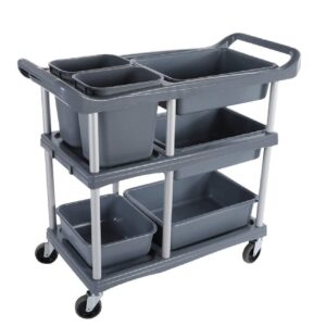 indyah movable trolleys, household serving cart commercial tableware collection car, 3-tiers storage hand trucks, with wheels and handle, plastic hotel collecting dining car/gray/large