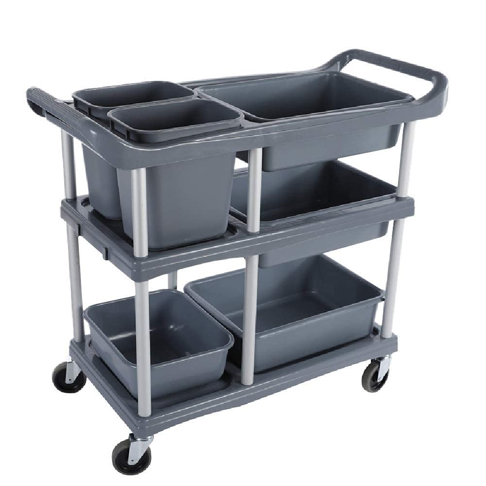 INDYAH Movable Trolleys, Household Serving Cart Commercial Tableware Collection Car, 3-Tiers Storage Hand Trucks, with Wheels and Handle, Plastic Hotel Collecting Dining Car/Gray/Large