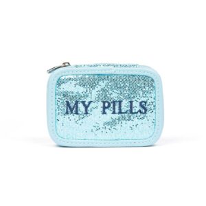 miamica women's zippered pill case 8-day removable plastic organizer, 3.50'' x 4.25'' x 1.30'', weekly medicine box compact design, blue glitter