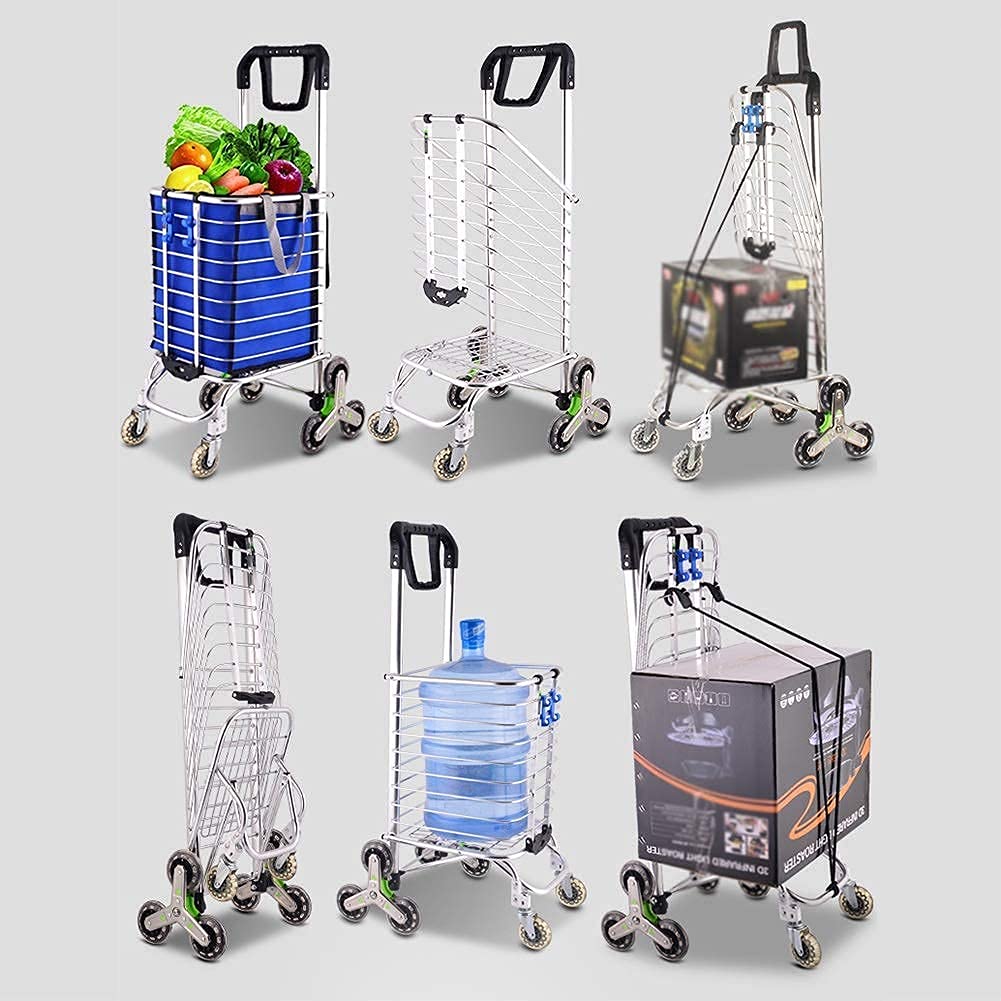 Shopping Trolley on Wheels Multi Function s,Kitchen Storage Utility Carts Foldable Dual Use Aluminum Alloy Climbing Shopping Cart 8 Rounds Crystal Wheel, Load 35 Kg Hand Trucks,Blue-B,