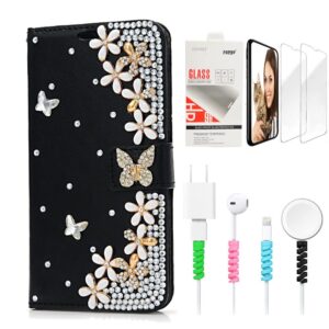 stenes bling wallet phone case compatible with samsung galaxy s23 - stylish - 3d handmade butterfly flowers floral leather cover with screen protector & cable protector - black