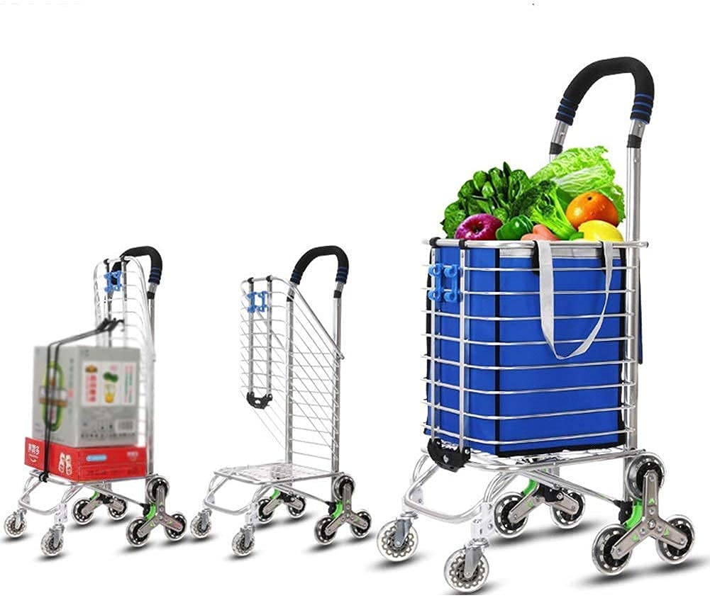 Shopping Trolley on Wheels Multi Function s,Kitchen Storage Utility Carts Foldable Dual Use Aluminum Alloy Climbing Shopping Cart 8 Rounds Crystal Wheel, Load 35 Kg Hand Trucks,Blue-B,