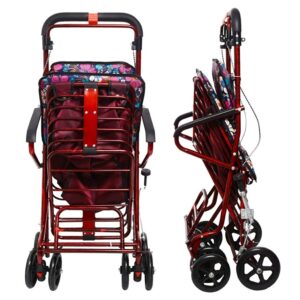 Shopping Trolley on Wheels Multi Function Shopping Cart The Elderly Cart Little Pull Car Elderly Wheelbarrow Can Push to Sit Foldable Walker Four Scooter Storage Hand Trucks,Gold Flower ,Sh