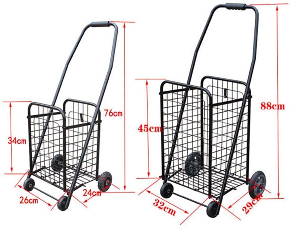 Shopping Trolley on Wheels Multi Function Shopping Cart Portable Folding Wrought Iron Trolley Luggage Trailer Special Spray Treatment Intimate Basket Buckle Storage Hand Trucks,Black,88Cm