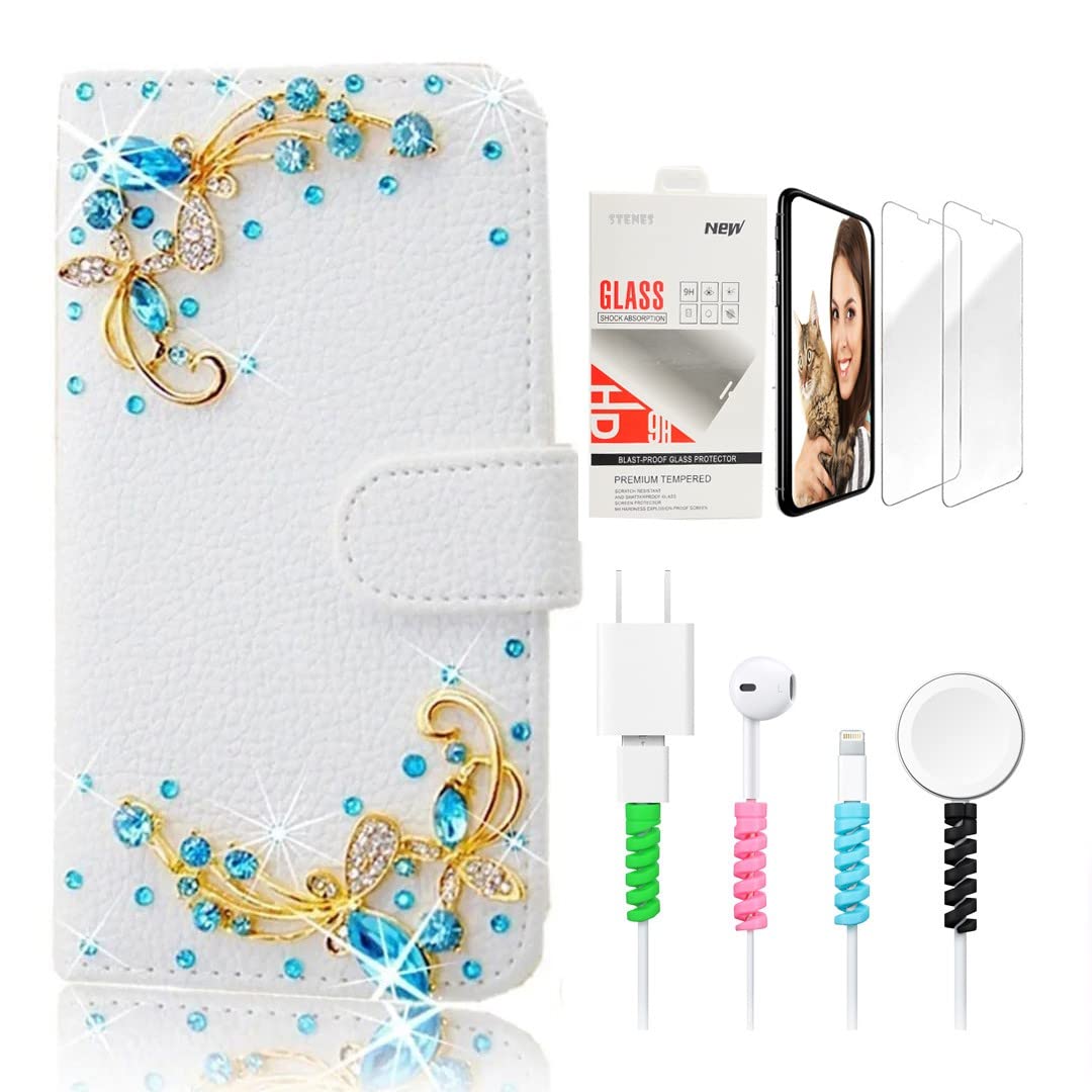 STENES Bling Wallet Phone Case Compatible with Samsung Galaxy S23 - Stylish - 3D Handmade Pretty Butterfly Design Leather Cover with Screen Protector & Cable Protector - Blue