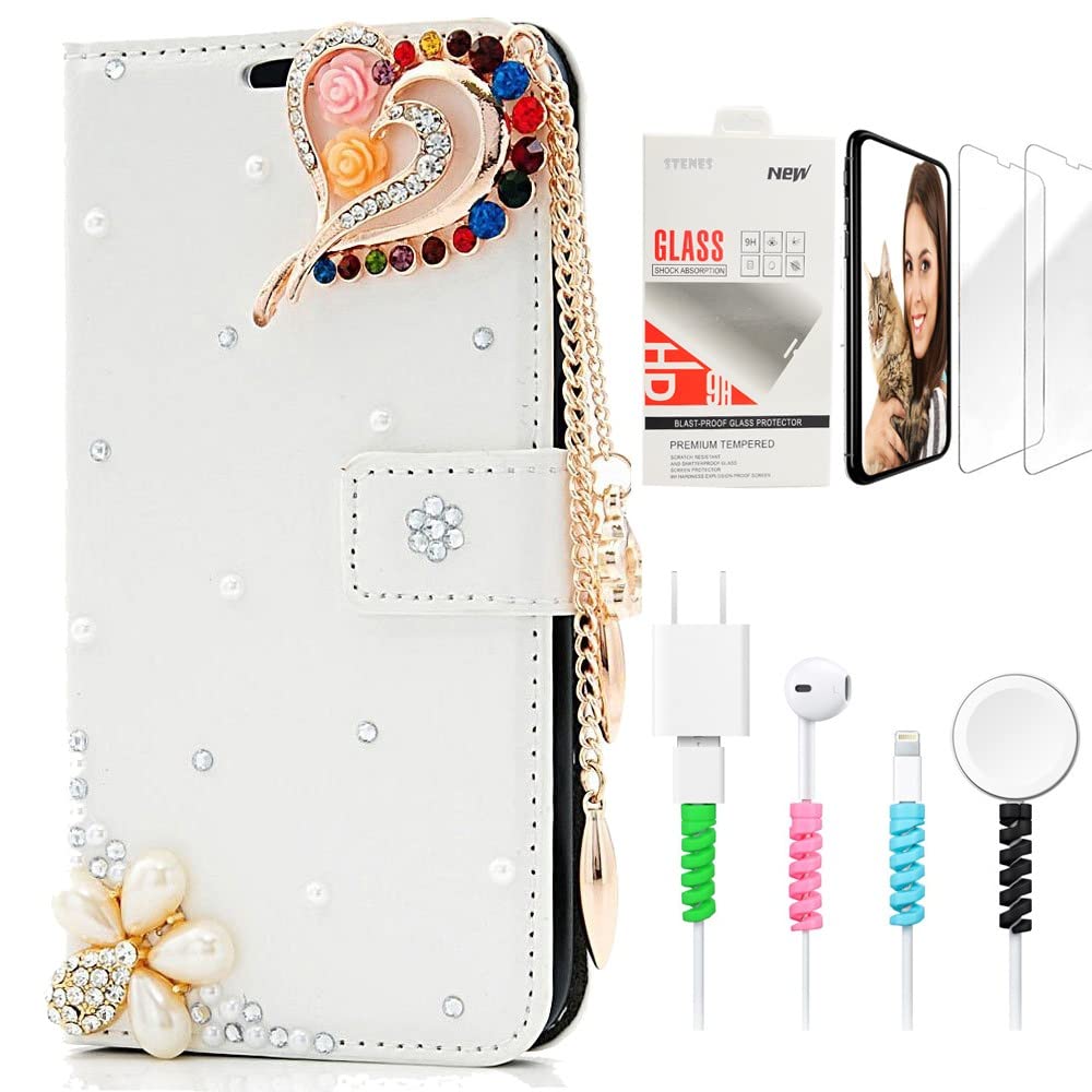 STENES Bling Wallet Phone Case Compatible with Samsung Galaxy S23 - Stylish - 3D Handmade Rose Heart Pendant Flowers Leather Cover with Screen Protector & Cable Protector - White