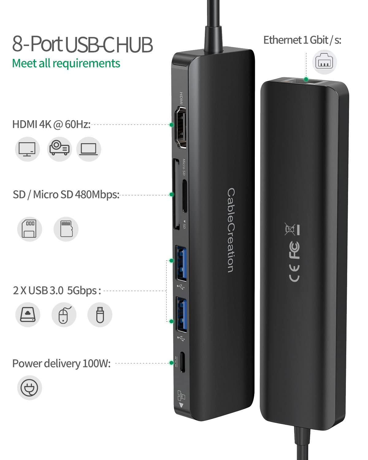 Bundle – 2 Items: CableCreation USB HDMI Adapter with DisplayLink Chip + 7 in 1 USB C Hub