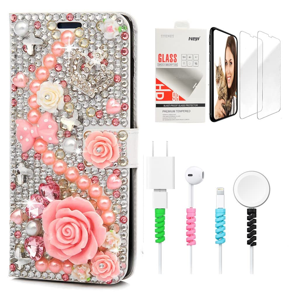 STENES Bling Wallet Phone Case Compatible with Samsung Galaxy S23 - Stylish - 3D Handmade Crystal Rose Crown Bow Flowers Magnetic Leather Cover with Screen Protector & Cable Protector - Pink