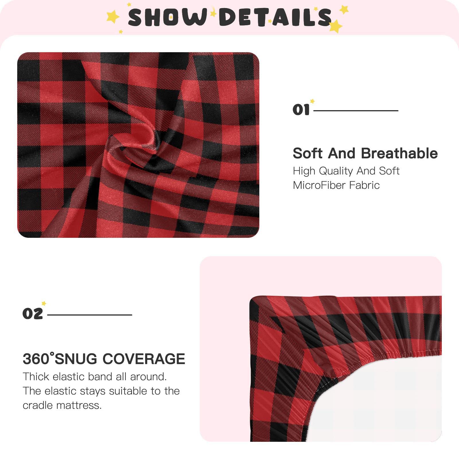 WELLDAY Red Buffalo Plaid Crib Sheets for Boys and Girls, Fitted Baby Crib Sheets Soft and Breathable Mini Crib Sheets 39 X 27 X 5 Inches