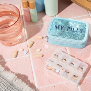 MIAMICA Women's Zippered Pill Case 8-Day Removable Plastic Organizer, 3.50'' x 4.25'' x 1.30'', Weekly Medicine Box Compact Design, Blue Glitter