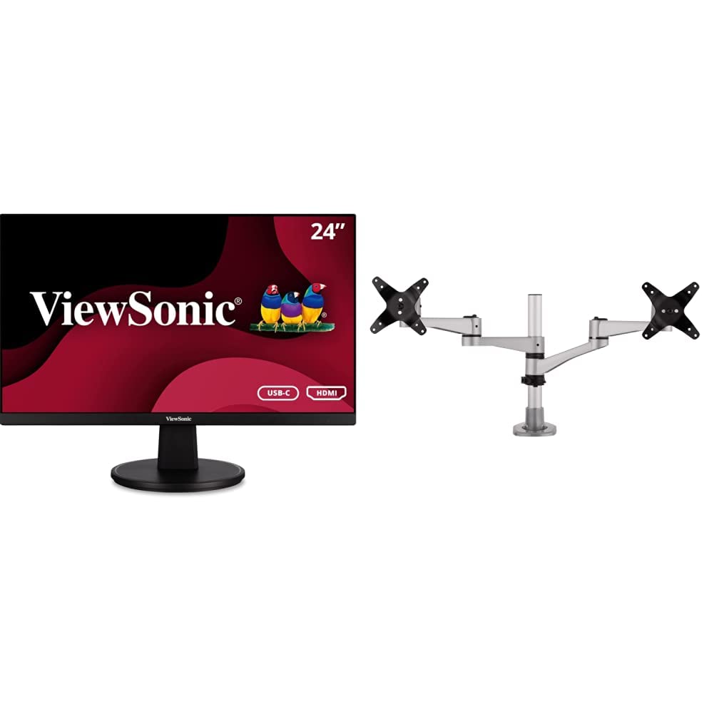 ViewSonic VA2447-MHU 24 Inch Full HD 1080p USB-C Monitors and LCD-DMA-001 Dual Monitor Mounting Arm with Vesa Mount