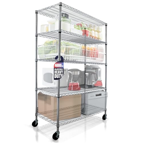 48 x 24 x 76, 4000 LBS, Commercial Metal Shelves for Storage with Wheels for Garage Shelving, 5 Tier Wire Shelving Rack for Kitchen Storage, Heavy Duty Shelving for Home Storage, Chrome, Crescent