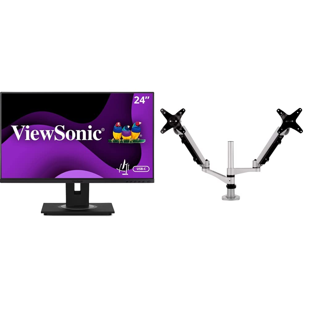 ViewSonic VG2456A 24 Inch 1080p IPS USB-C Monitors and LCD-DMA-002 Spring-Loaded Dual Monitor Mounting Arm with Vesa Mount