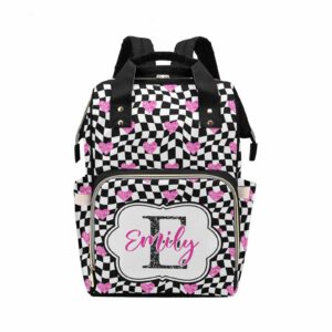 M YESCUSTOM Custom Pink Love Heart Diaper Bag Backpack with Name Letter Personalized Plaid Mommy Backpack for Women Travel Holiday Gift for Wife