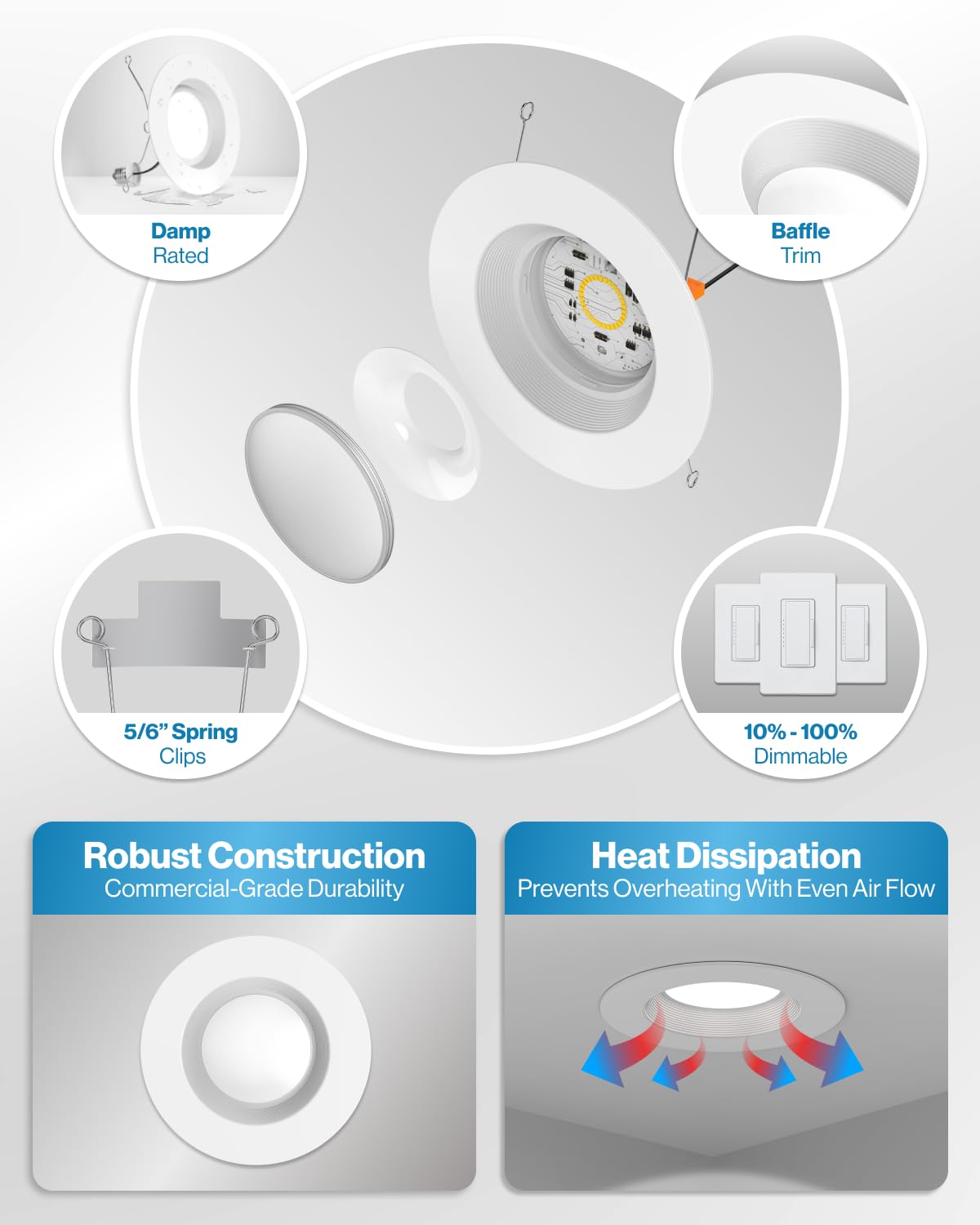 Sunco 96 Pack Retrofit LED Recessed Lighting 6 Inch, 5000K Daylight, Dimmable Can Lights, Baffle Trim, 13W=75W, 1050 LM, Damp Rated - ETL