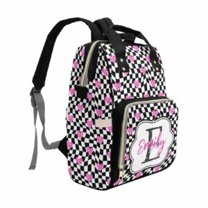 M YESCUSTOM Custom Pink Love Heart Diaper Bag Backpack with Name Letter Personalized Plaid Mommy Backpack for Women Travel Holiday Gift for Wife