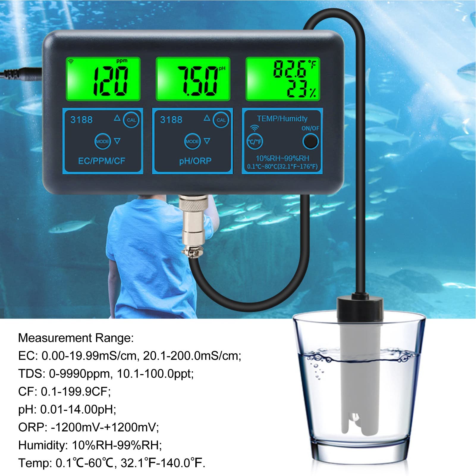 7 in 1 Water Quality Monitor Meter ABS Automatic Calibration with Power Plug Temperature and Humidity Detector for Tuya TDS ORP CF EC