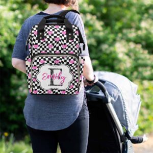 M YESCUSTOM Custom Pink Love Heart Diaper Bag Backpack with Name Letter Personalized Plaid Mommy Backpack for Women Travel Holiday Gift for Wife