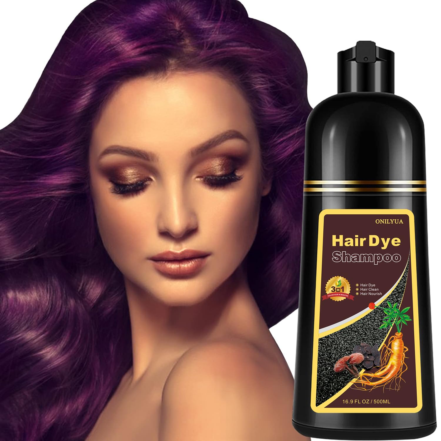 Instant Long-Lasting Purple Color Shampoo for Women and Men - Herbal 3-in-1 Hair Dye, 16.90 Fl Oz (Purple)