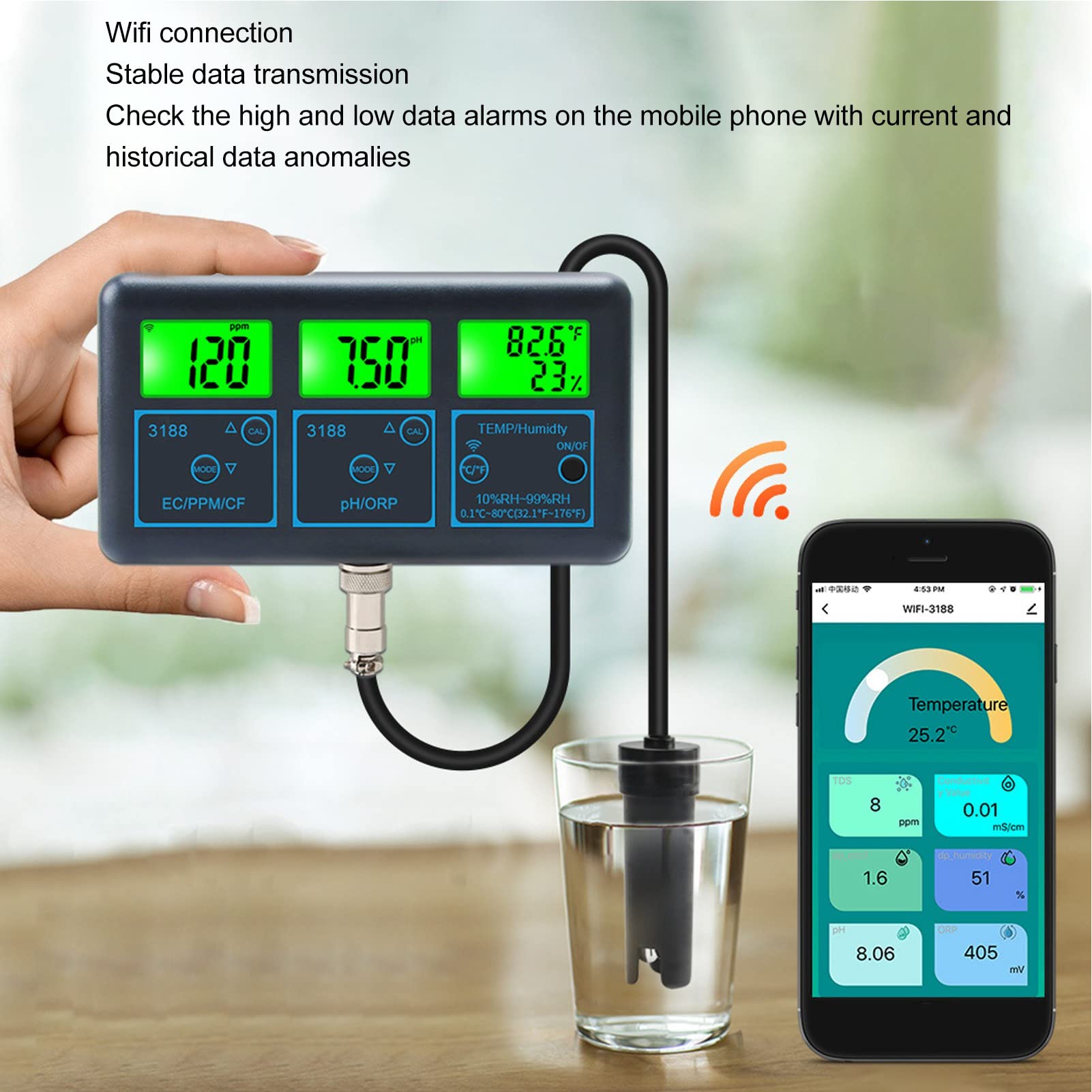 7 in 1 Water Quality Monitor Meter ABS Automatic Calibration with Power Plug Temperature and Humidity Detector for Tuya TDS ORP CF EC