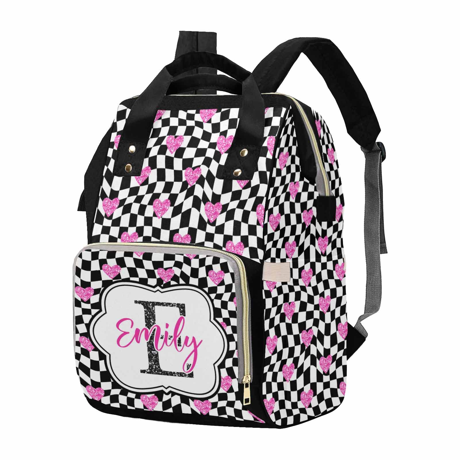 M YESCUSTOM Custom Pink Love Heart Diaper Bag Backpack with Name Letter Personalized Plaid Mommy Backpack for Women Travel Holiday Gift for Wife