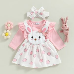 KOSUSANILL Easter Baby Girl Outfit Ruffle Long Sleeve Romper Bunny Suspender Skirt Geometry Dress My First Easter Outfit (Pink, 3-6 Months)