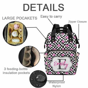 M YESCUSTOM Custom Pink Love Heart Diaper Bag Backpack with Name Letter Personalized Plaid Mommy Backpack for Women Travel Holiday Gift for Wife