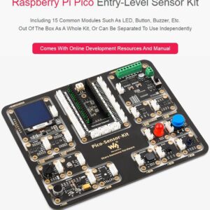 for Raspberry Pi Pico W, Raspberry Pi Pico W Sensor Kit with Expansion Board and Raspberry Pi Pico W with Pre-Soldered Header and RGB LED,Motor Driver,etc,15 Detachable Sensors, All-in-One Design