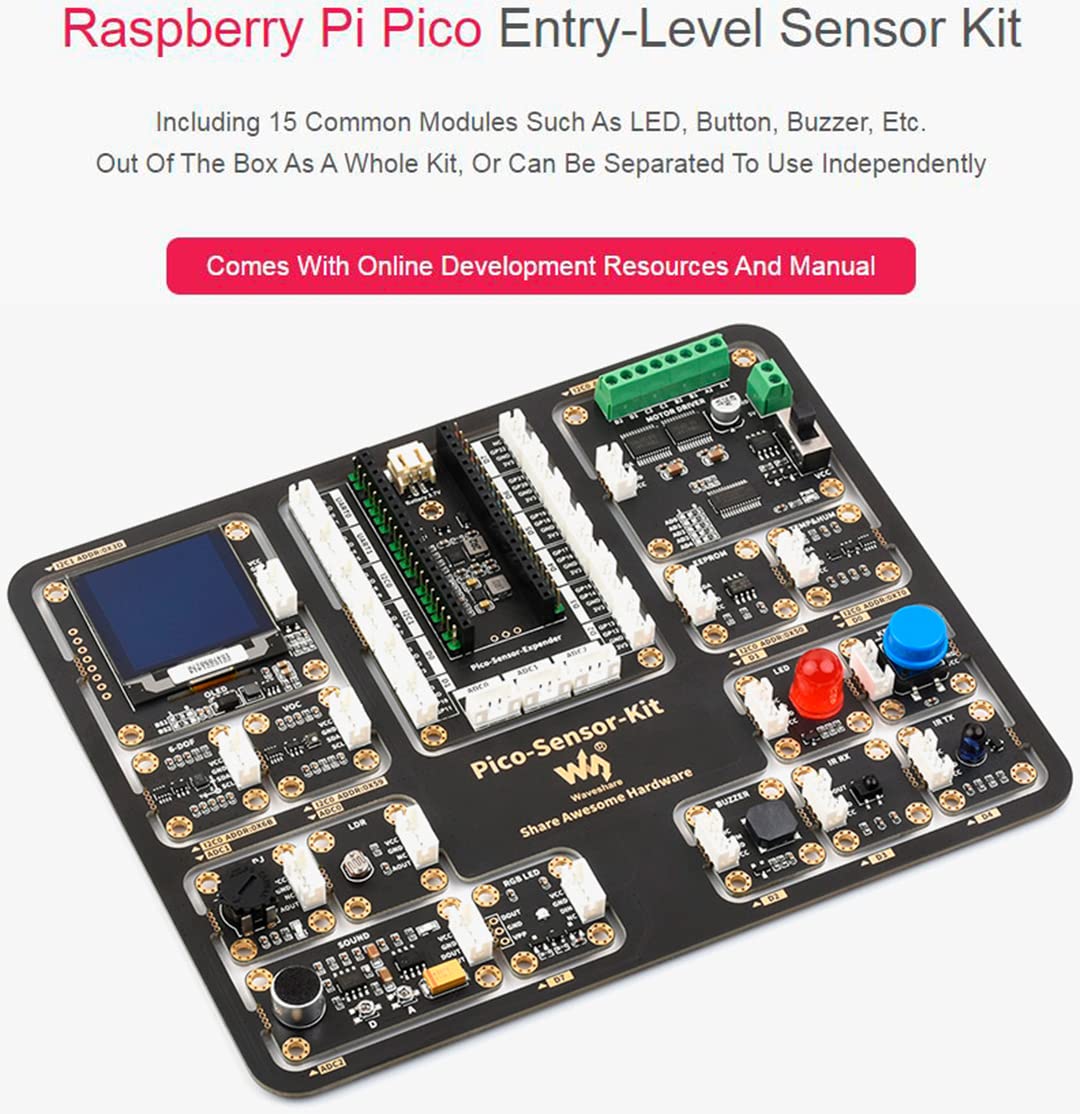 Raspberry Pi Pico W Sensor Kit with Expansion Board and RP2040-Plus Board and RGB LED,Motor Driver,etc,15 Detachable Sensors, All-in-One Design