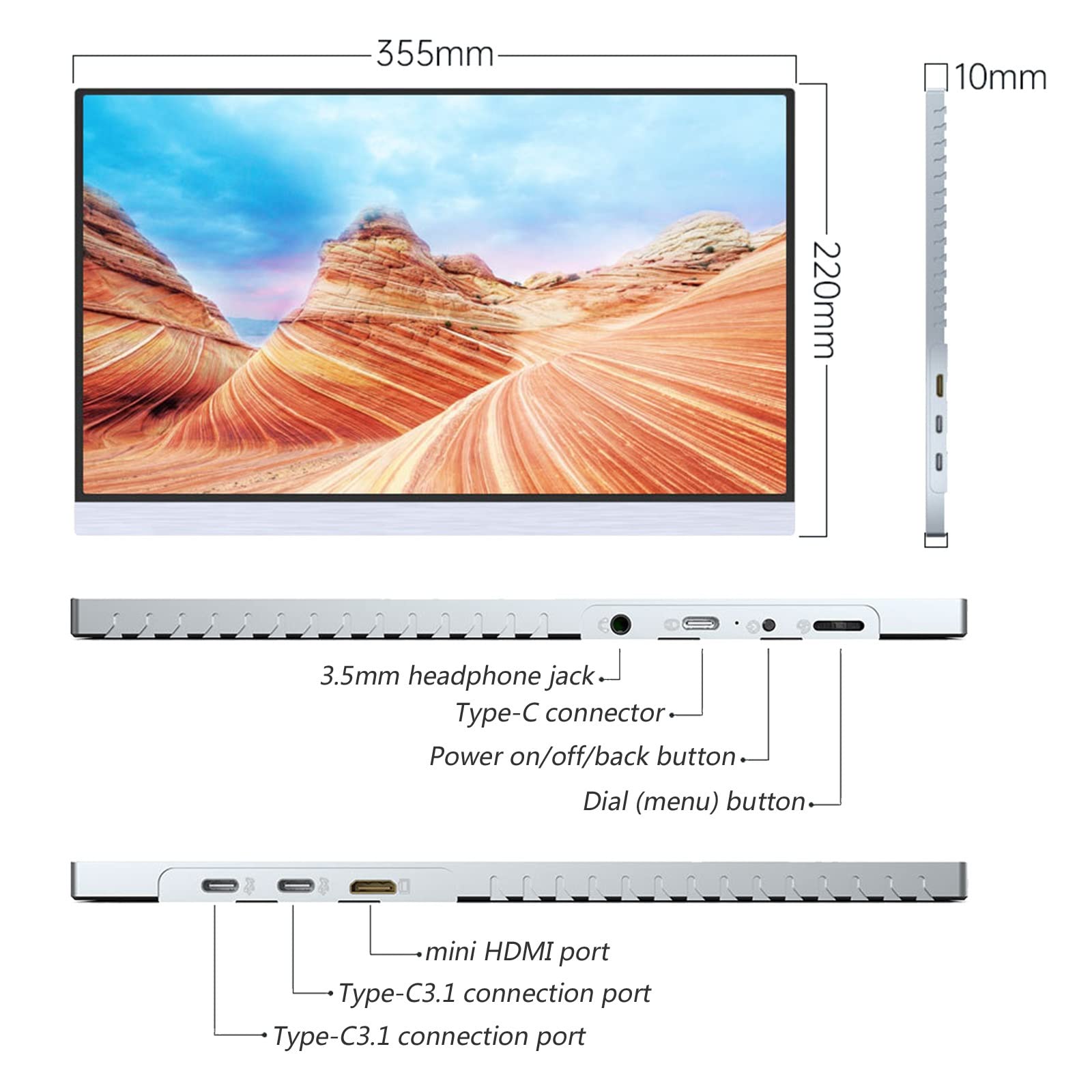 Portable 15.6-inch HD Display Screen Computer/Cell Phone External Expansion Screen, Built-in Dual Speakers