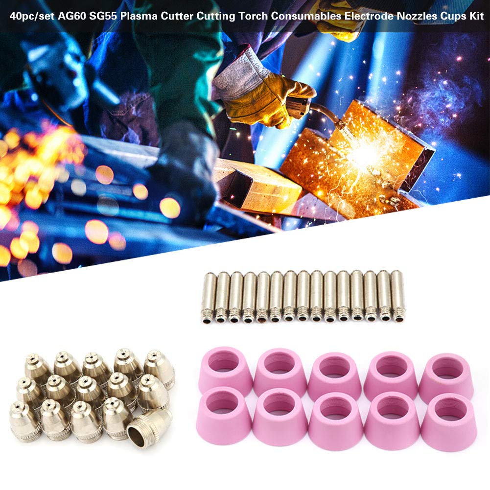 40pc Plasma Cutter Cutting Torch Kit,Electrode Nozzles Tip Accessory with 10 Ceramic Shield Cups,15 Electrodes and 15 Nozzles for SG55, AG60 Flashlight