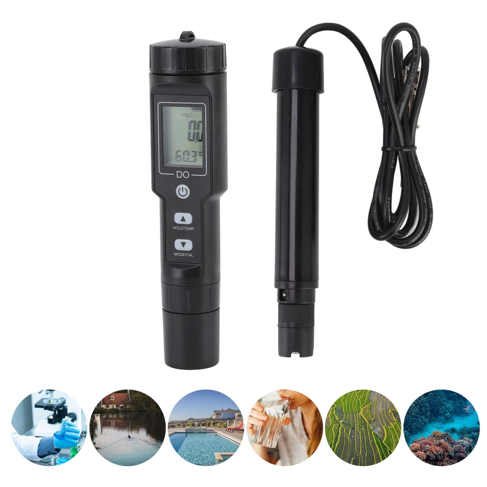 Tnfeeon Dissolved Oxygen Meter Detachable Probe Digital Screen Display Dissolved Oxygen Sensor for Aquarium Experiment Research (Without Backlit)