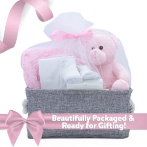 Baby Girl Newborn Essentials, Baby Shower Gifts with Decorated Gift Basket Set for Girls Including Blanket Bodysuit Towels and Washcloths Teddy Bear