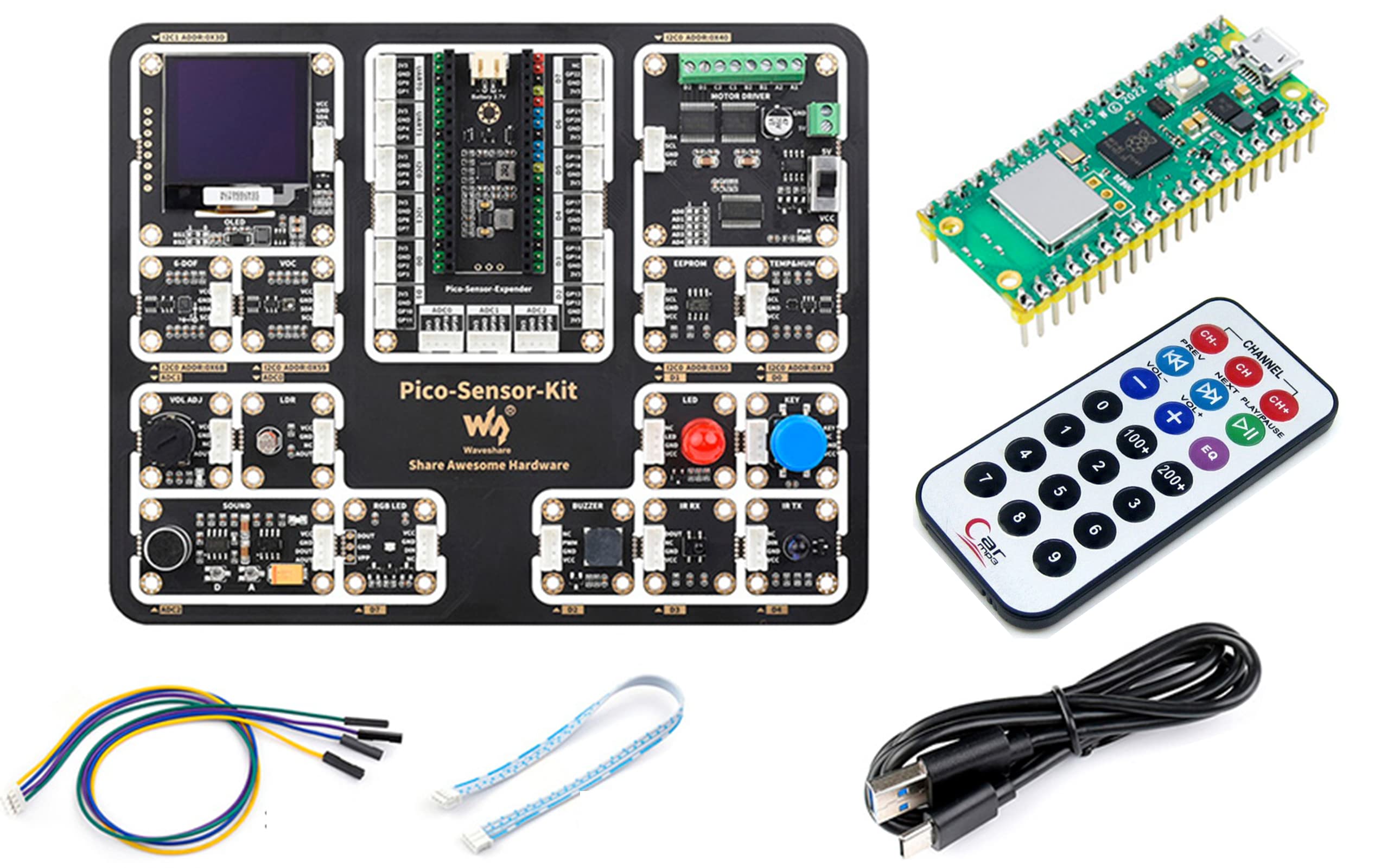 for Raspberry Pi Pico W, Raspberry Pi Pico W Sensor Kit with Expansion Board and Raspberry Pi Pico W with Pre-Soldered Header and RGB LED,Motor Driver,etc,15 Detachable Sensors, All-in-One Design