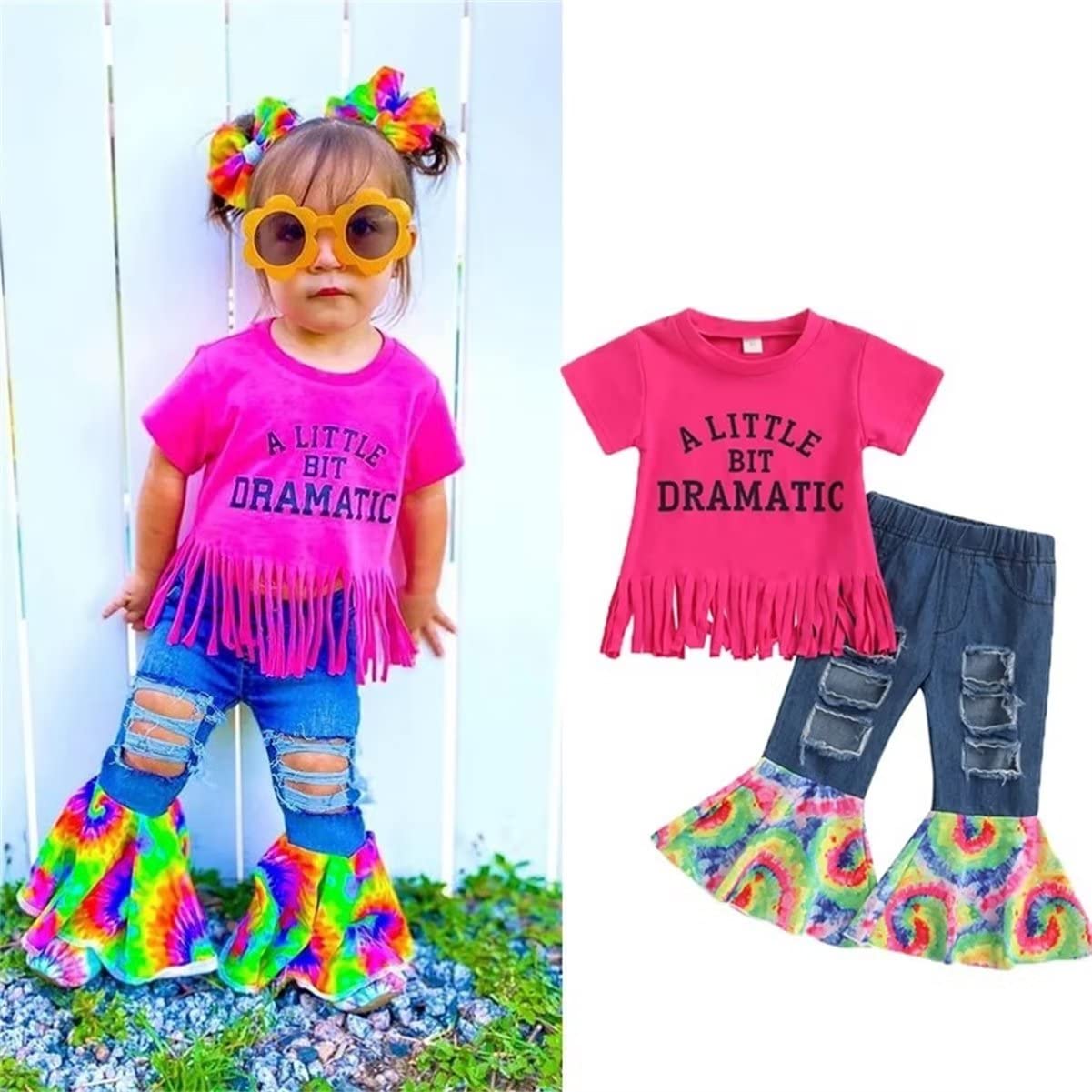 HHLLEOJK Toddler Baby Girl Outfit Little Girl Short Sleeve T-Shirt Tops Floral Flared Bell-Bottom Pants Summer Outfits Set