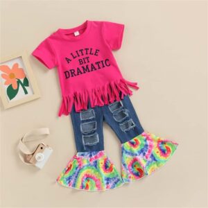 HHLLEOJK Toddler Baby Girl Outfit Little Girl Short Sleeve T-Shirt Tops Floral Flared Bell-Bottom Pants Summer Outfits Set