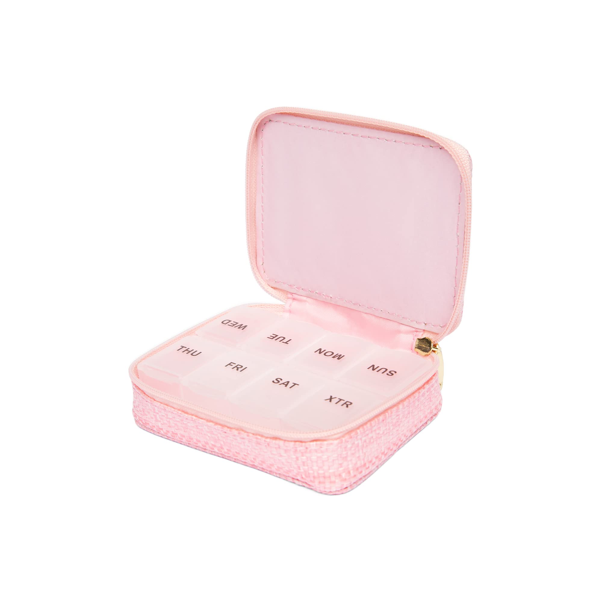 MIAMICA Women's Zippered Pill Case with 8-Day Removable Plastic Organizer, Pink Rattan, 3.5” x 2.75” x 1.25” – Cute Weekly Medicine Box Compact Design