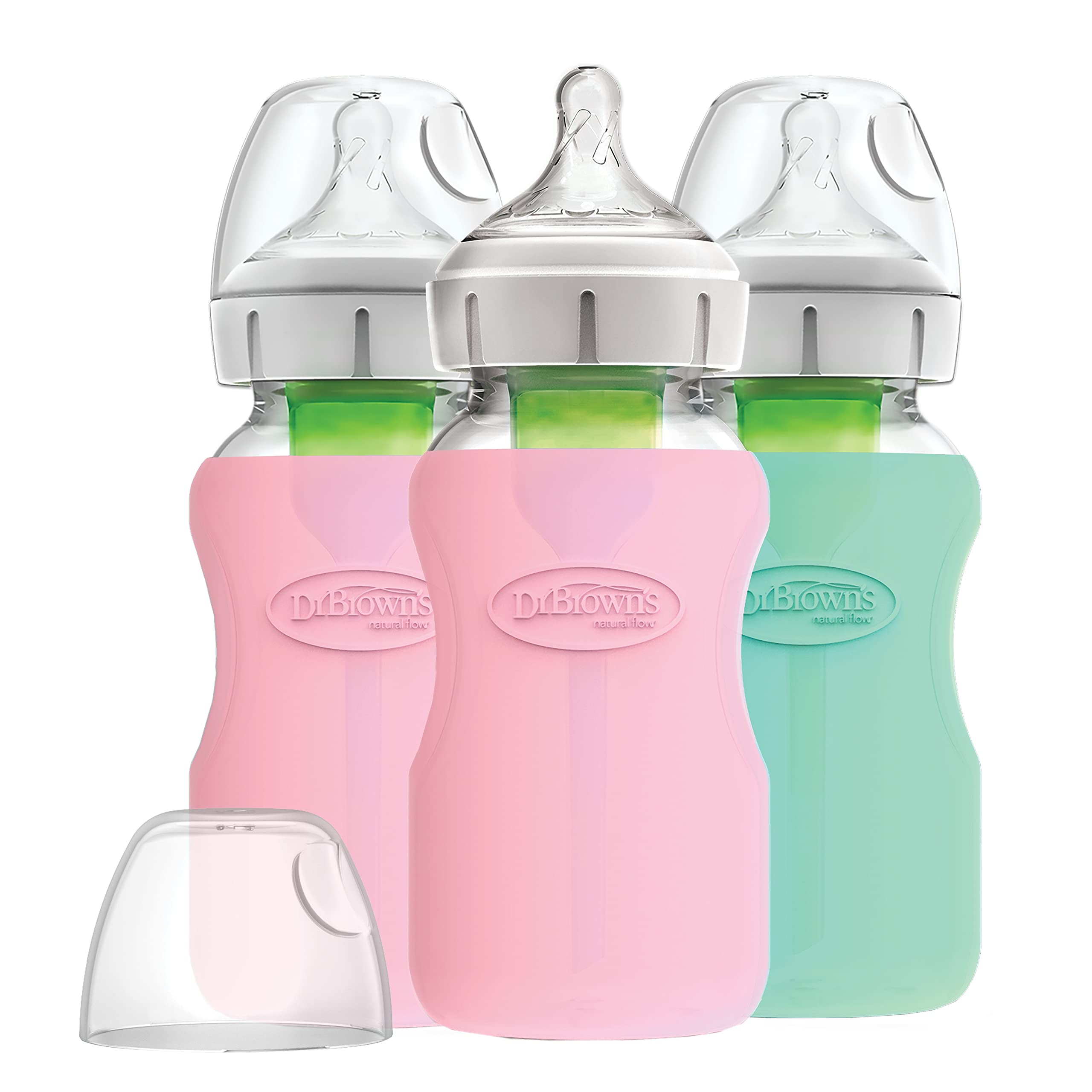 Dr. Brown’s Natural Flow® Options+™ Glass Baby Bottle Sleeves, 100% Silicone, 9 oz, Wide-Neck, Mint (Pack of 2)