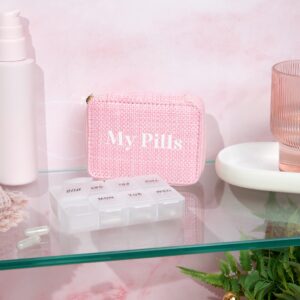 MIAMICA Women's Zippered Pill Case with 8-Day Removable Plastic Organizer, Pink Rattan, 3.5” x 2.75” x 1.25” – Cute Weekly Medicine Box Compact Design