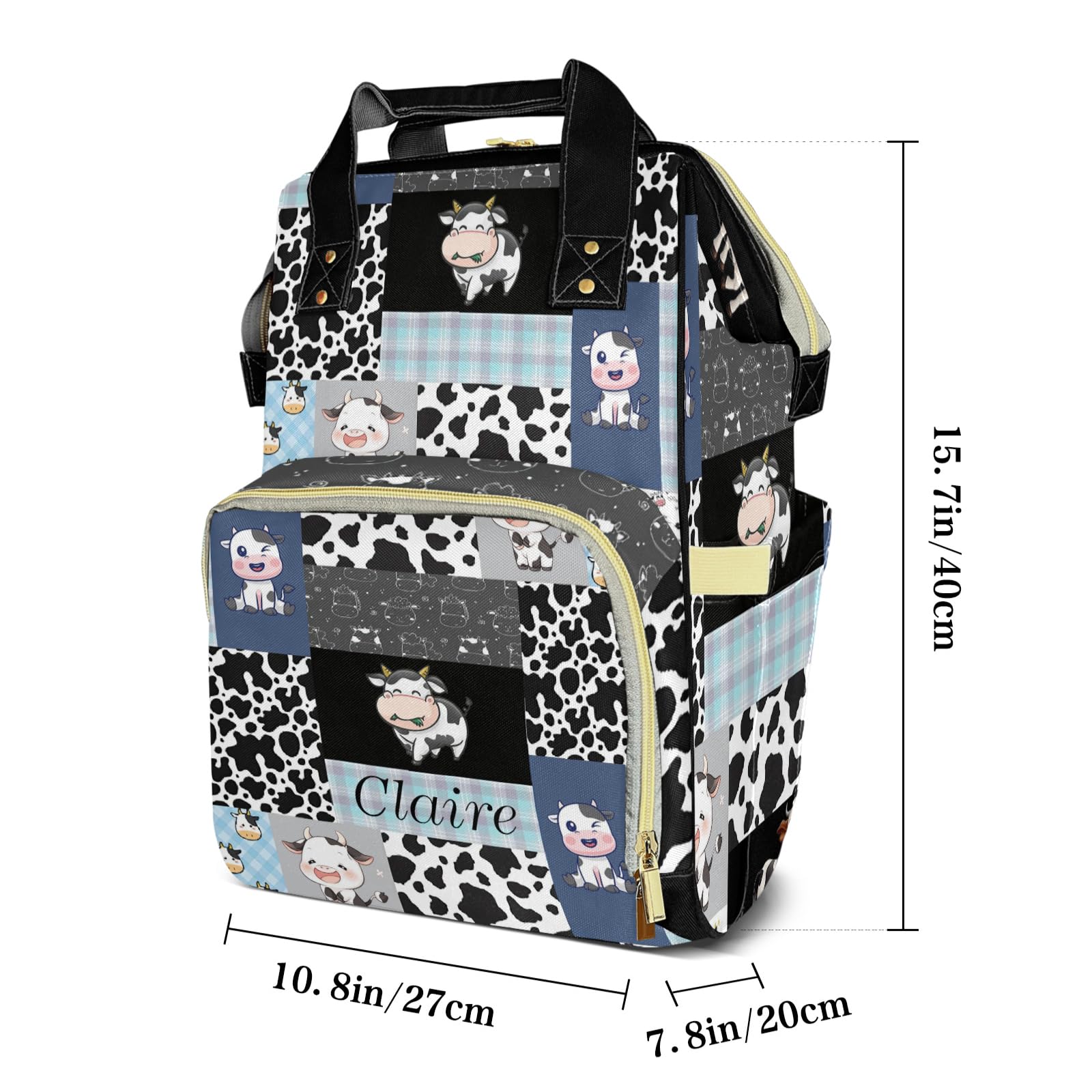 XOZOTY Cute Cow Print Pattern Patchwork Personalized Diaper Bag Backpack Name Custom Mommy Nappy Baby Bag Daypack for Mom Dad Gifts