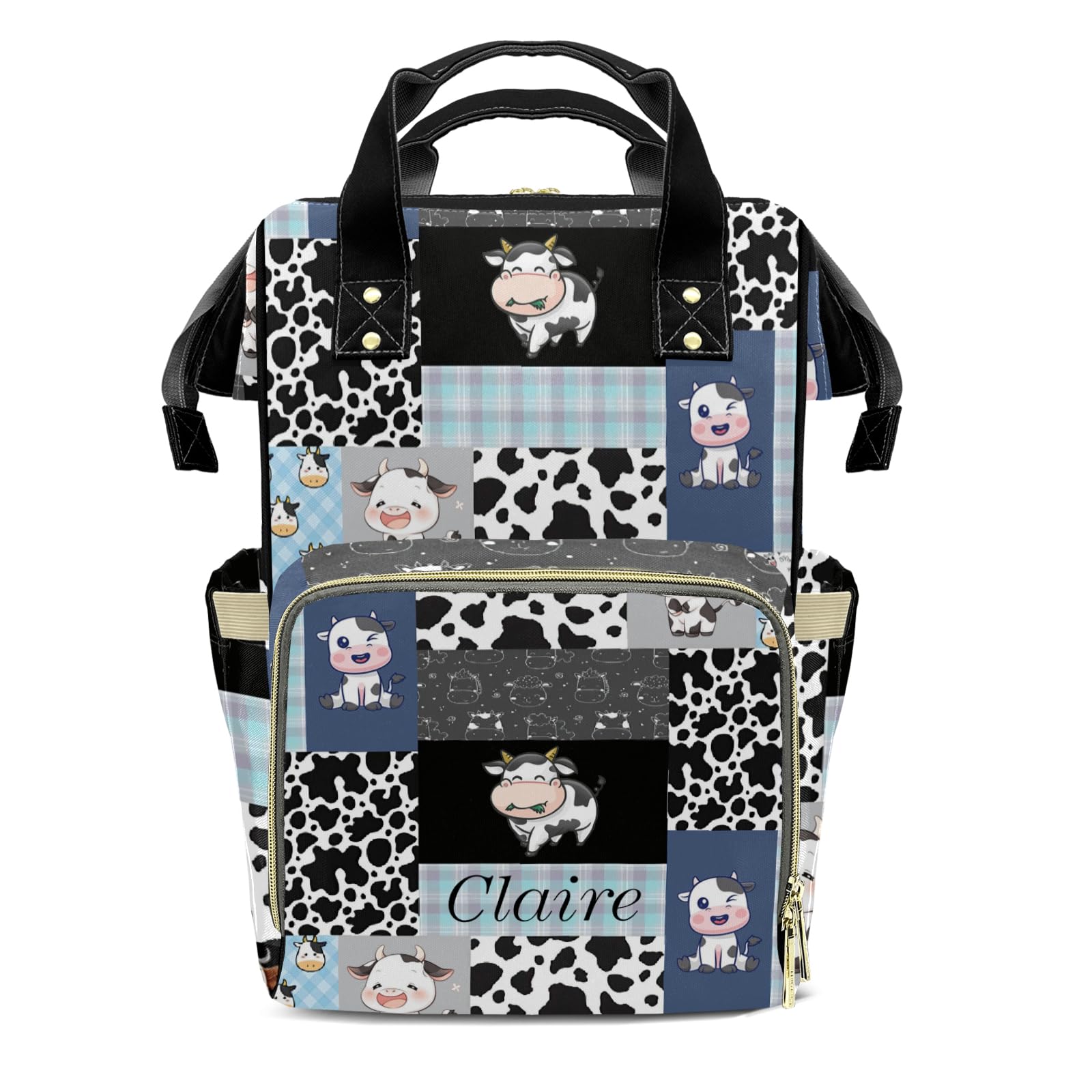 XOZOTY Cute Cow Print Pattern Patchwork Personalized Diaper Bag Backpack Name Custom Mommy Nappy Baby Bag Daypack for Mom Dad Gifts