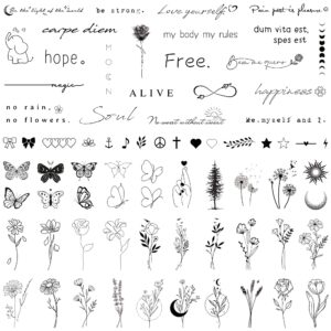 realistic temporary tattoos for women - 60 sheets tiny small removable adult fake tattoos,185 pcs minimalist waterproof inspirational quotes words wild flower floral bouquet adults tattoo stickers