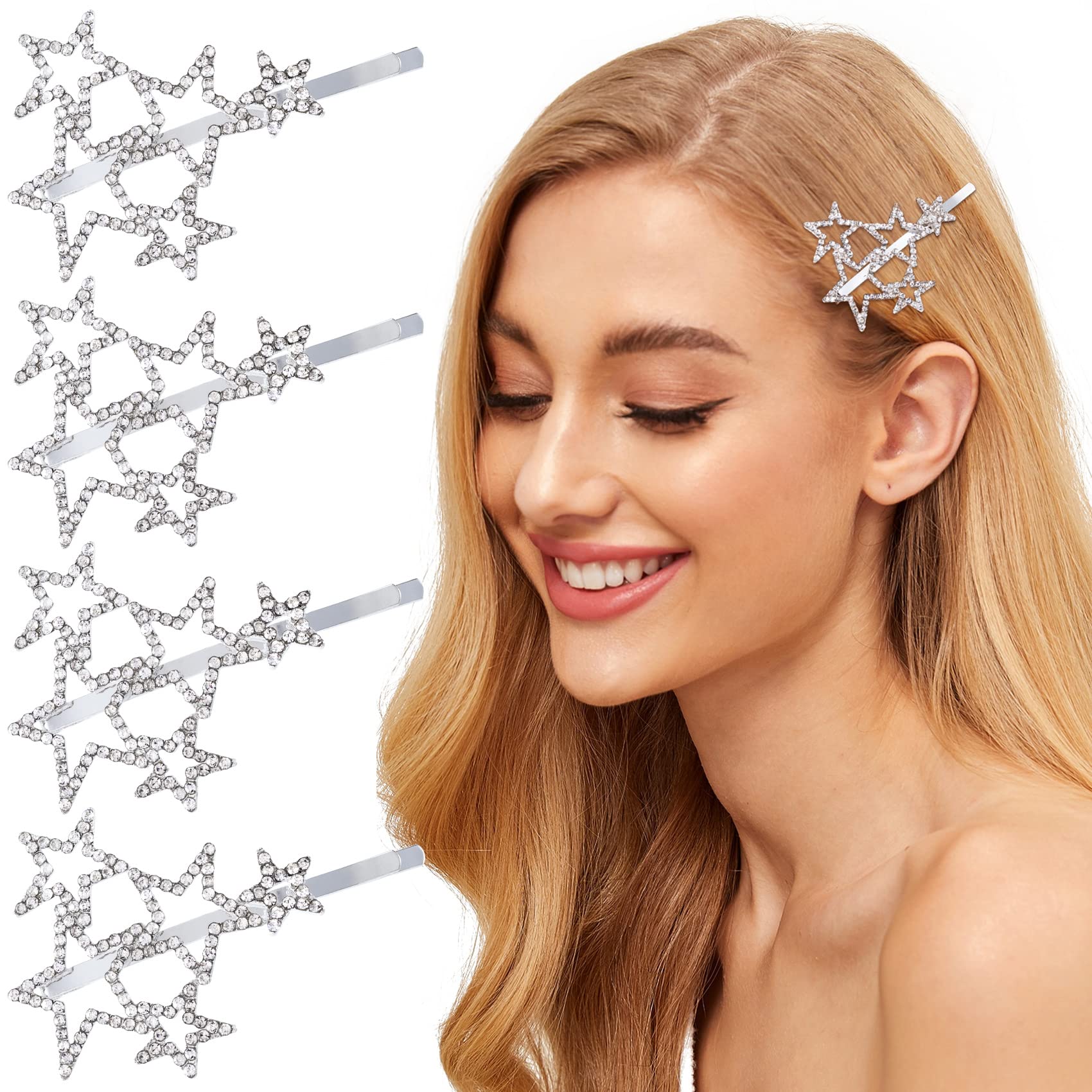 OIIKI Hollow Star Hair Clips Pins 4pcs, Silver Rhinestone Star Hair Barrettes, Elegant Metal Hair Clips Hairpin, Exquisite Hollow Geometric Hair Pins for Women Girls Hair Styling Accessories Party